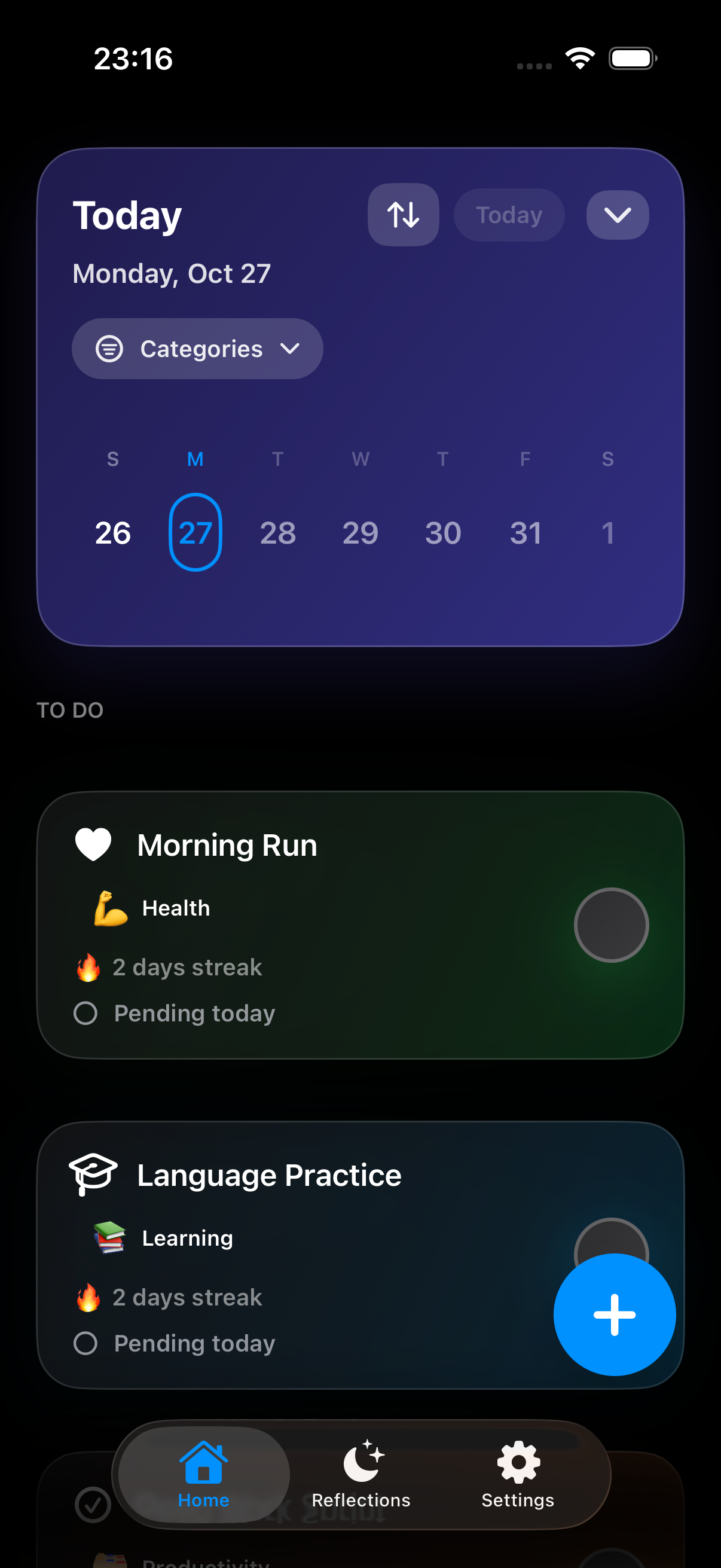 Momentum dashboard showing today's habits, streaks, and reminders