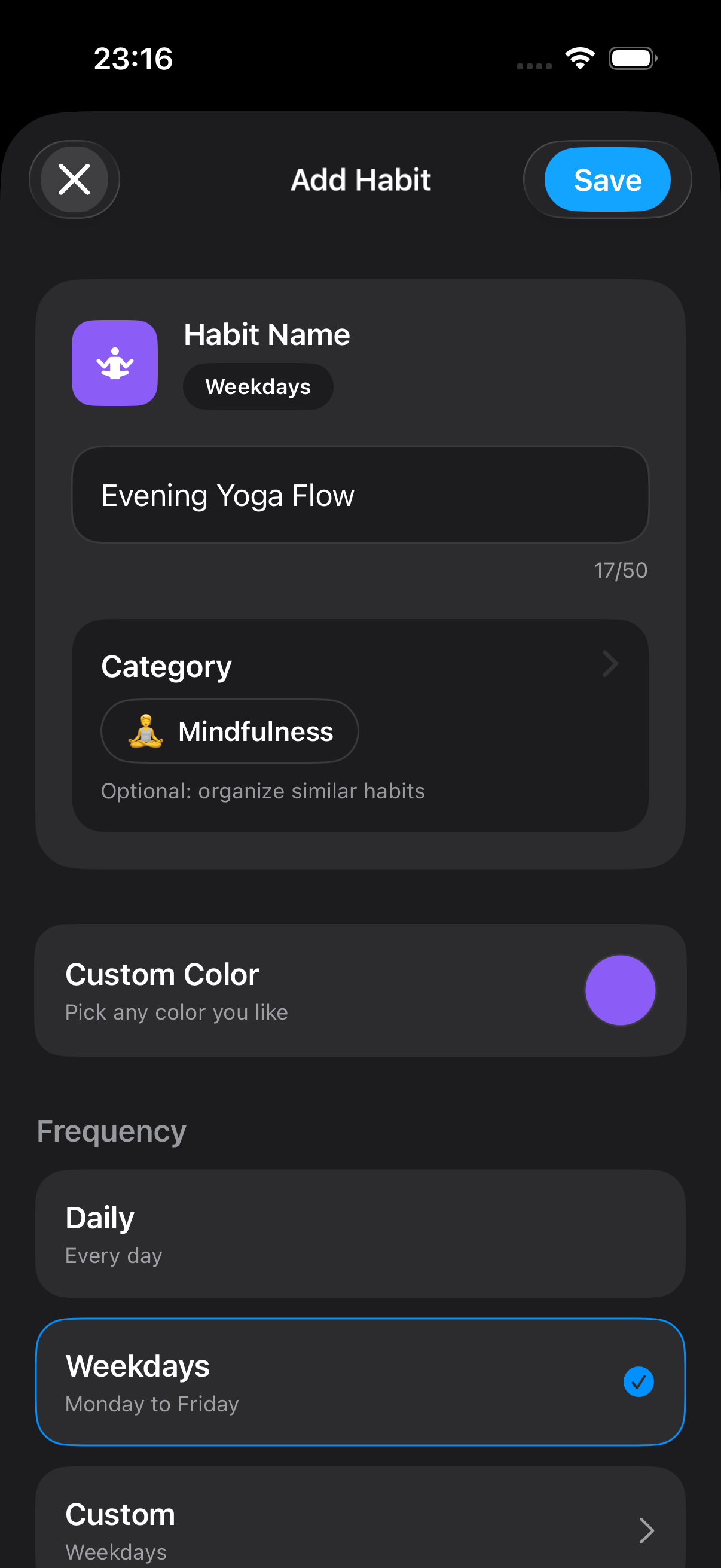 Add habit screen with templates, categories, and custom colors