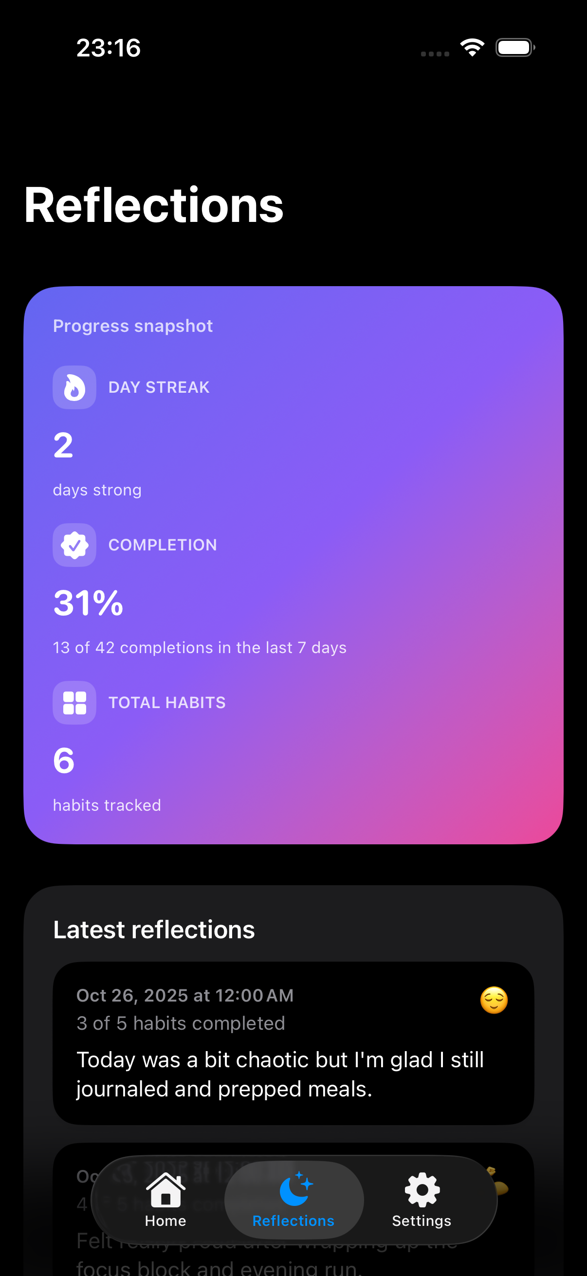 Reflections dashboard summarizing streaks and completion rate