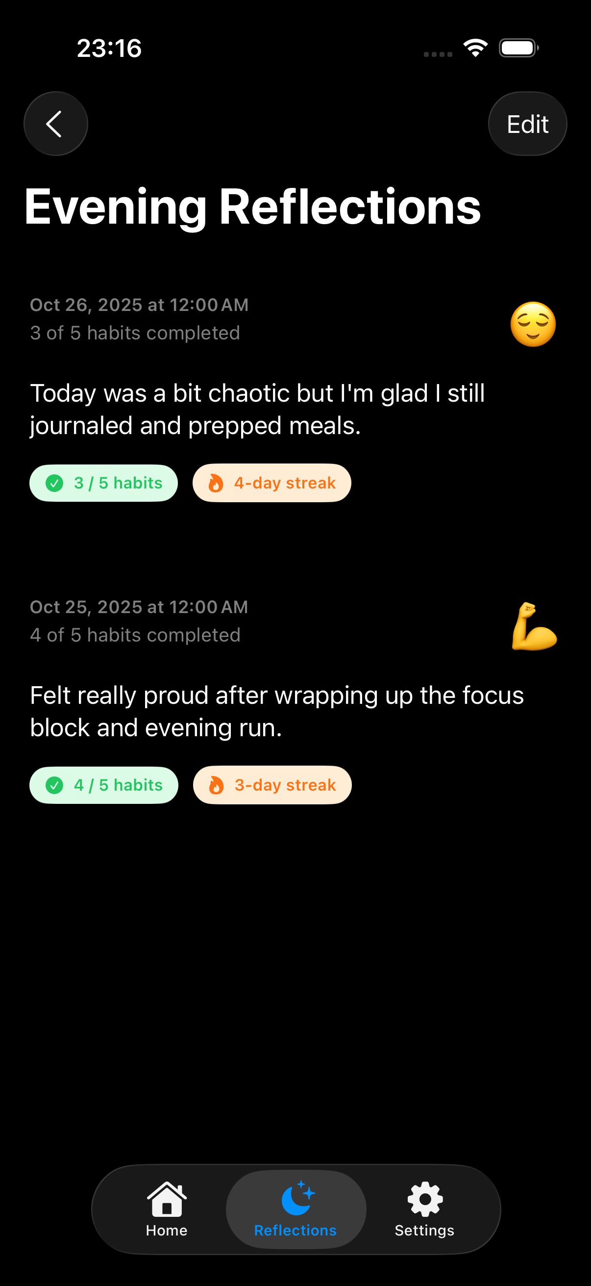 Evening reflections list with mood and streak tags